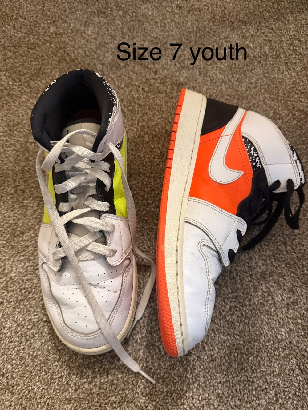 Nike Kids White Sneakers with Neon Yellow & Orange Accents size 7 youth